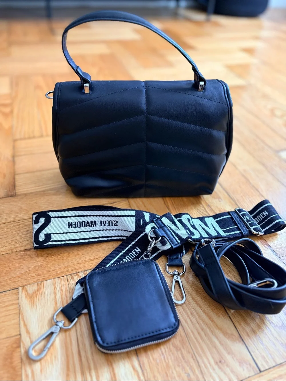 Steve Madden Black Quilted Crossbody with Logo Strap and Coin Pouch